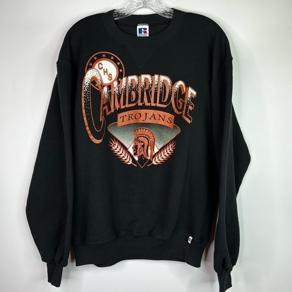 Vintage Cambridge Trojans Black High School Crewneck Sweatshirt 80s Large
